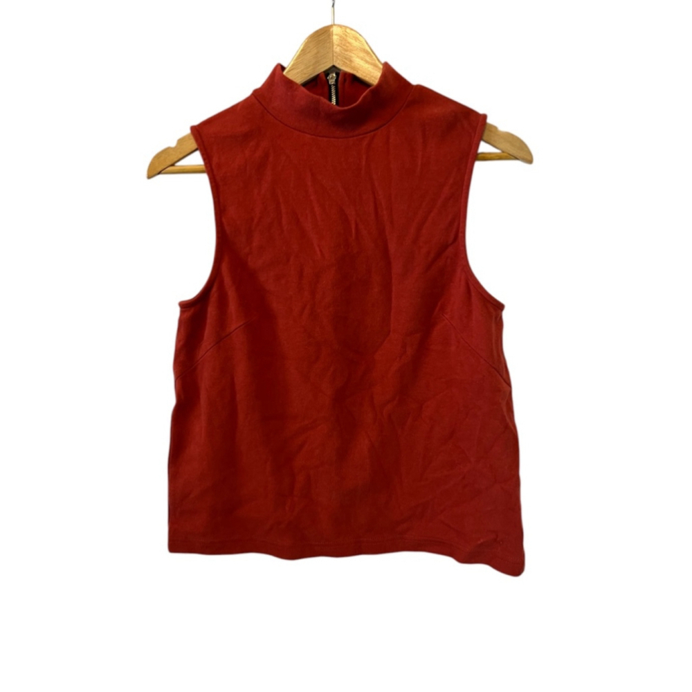 Rust Sleeveless Back Zip High Neck Cotton Stretch Top XS